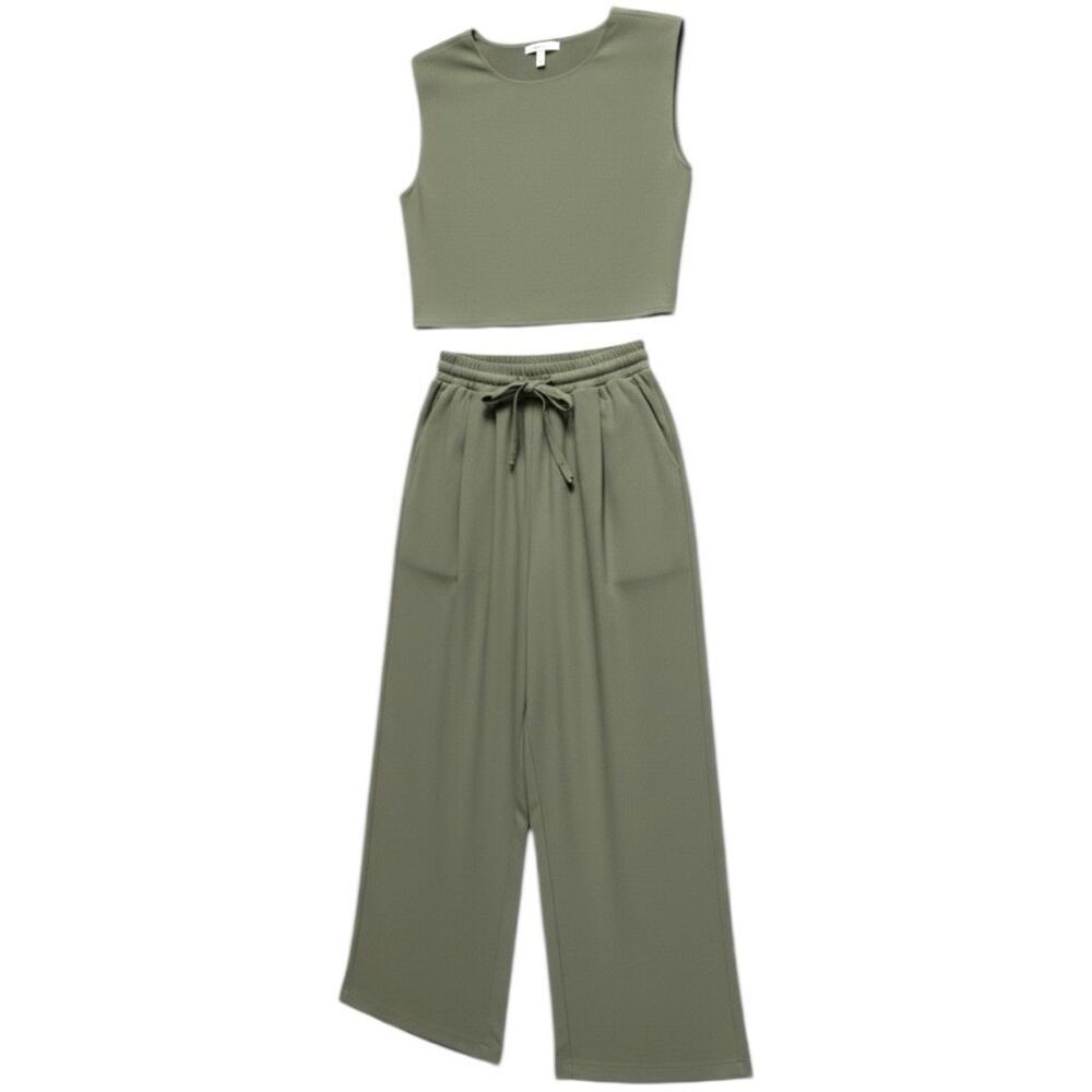 Linen Crop Top & Wide Leg Pant Set NWT | Olive Green | Very J - Picture 3 of 8